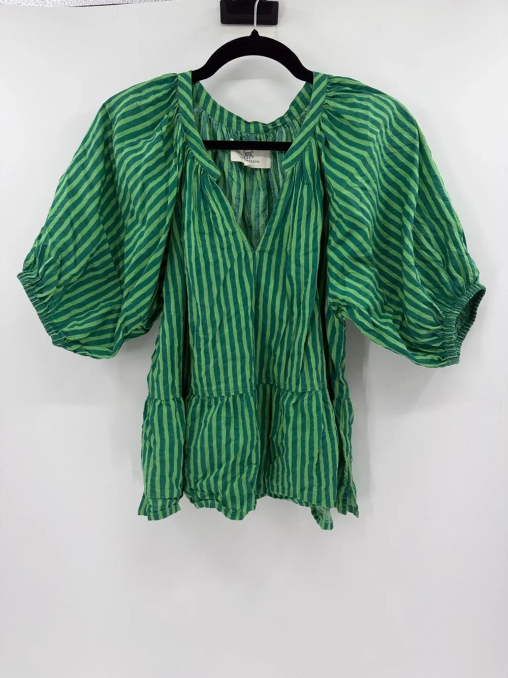 Printfresh Women's V-neck 100% Organic Cotton Puff Sleeve Top - Green Stripes M - Picture 1 of 6